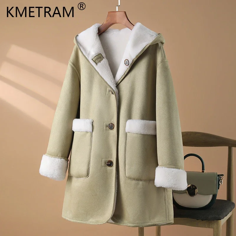 

2023 Autumn Winter Simple Hooded Sheep Shearing Coat for Women Composite Fur Coats 100% Wool Jacket Double-sided Wear Jaquetas