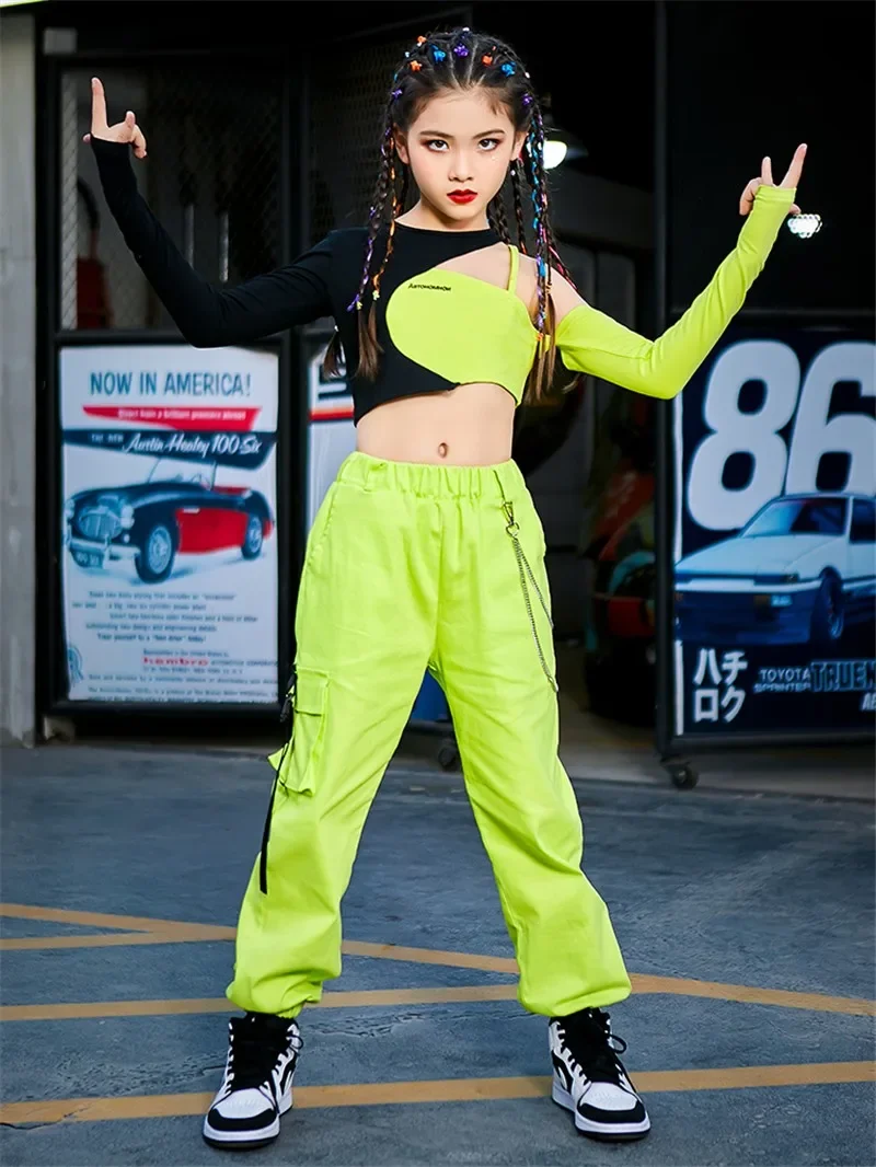 

2021 Summer Jazz Dance Costumes Green Black Hiphop Suit Girls Jazz Street Dance Clothing Children Hip Hop Practice Clothes 170cm