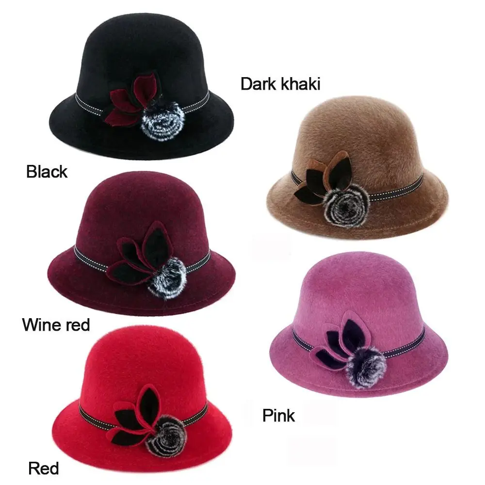 Autumn Winter Imitation Mink Fur Basin Hat Elegant Ladies Fedoras Cap With Flower Vintage Dome Hat Outdoor Sun Hat Wool Hats