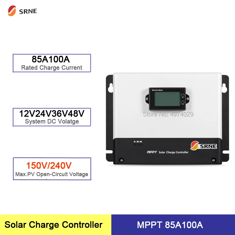 100A 85A MPPT 태양 전지 충전기 컨트롤러, 12/24V/36V/48V, 자동 최대 입력 전압 150V-250V, LCD 디스플레이 포함, RS485