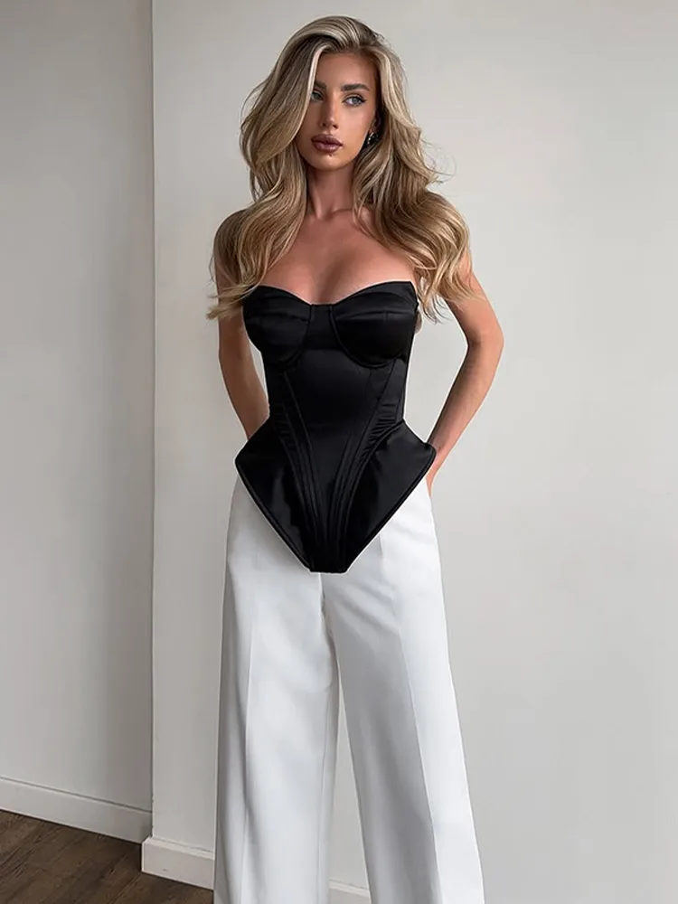 Sexy Solid Strapless Fishbone Tops Women Fashion Waist Cinching Sleeveless Off-shoulder Slim Corset Lady 2025 Party Cropped Vest