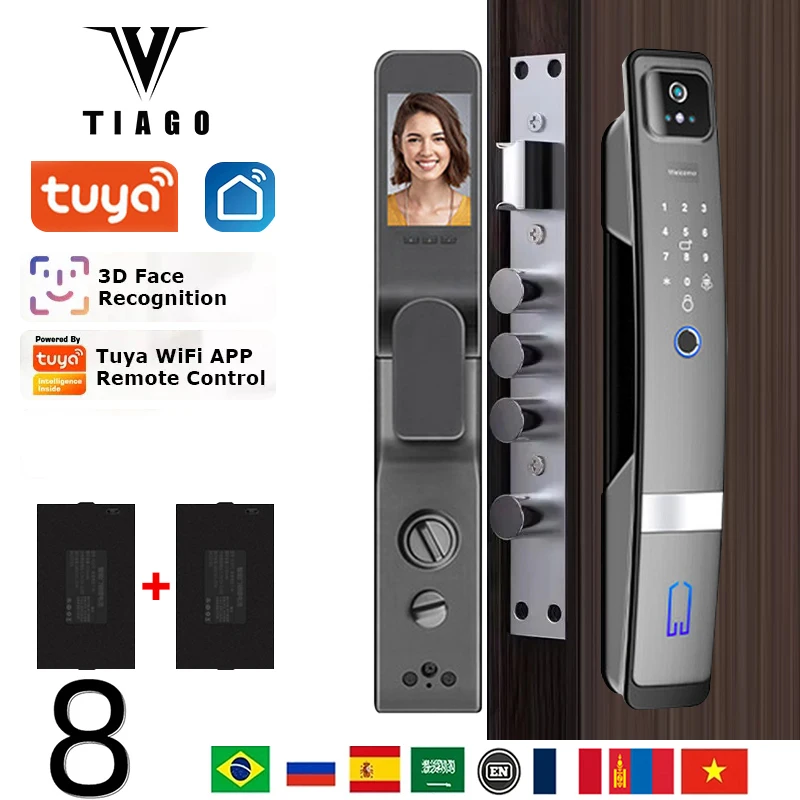 

TIAGO R1 WiFi Tuya APP English/Russian/Spanish/Portuguese Voice/ 3D Face Recognition Fingerprint Smart Door Lock With Camera