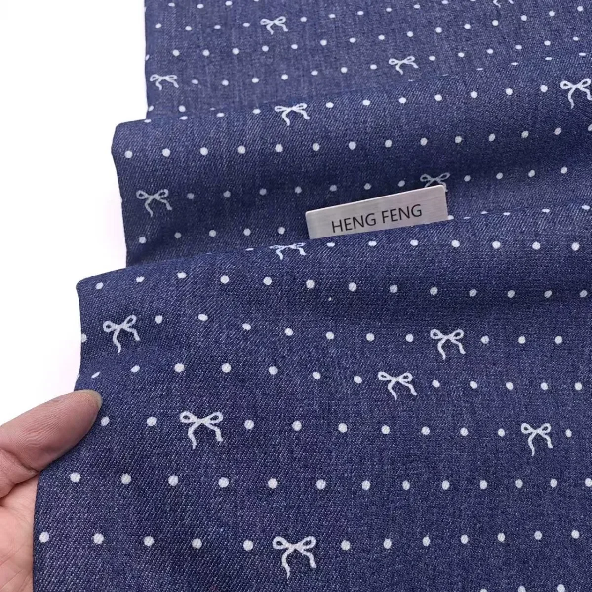 Trendy Polka Dot Bow Tie Denim Print Washed Fabric for Pants Jackets Skirts Bags Hats Home Use from Mainland China Origin