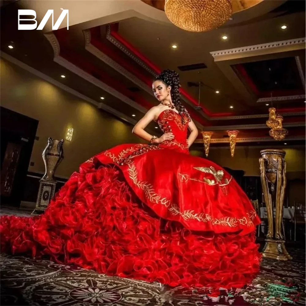 

Sweetheart Red Embroidery Ball Gown Quinceanera Dresses Satin Lace Up Floor Length Vestido De Festa Sweet 16 Dress