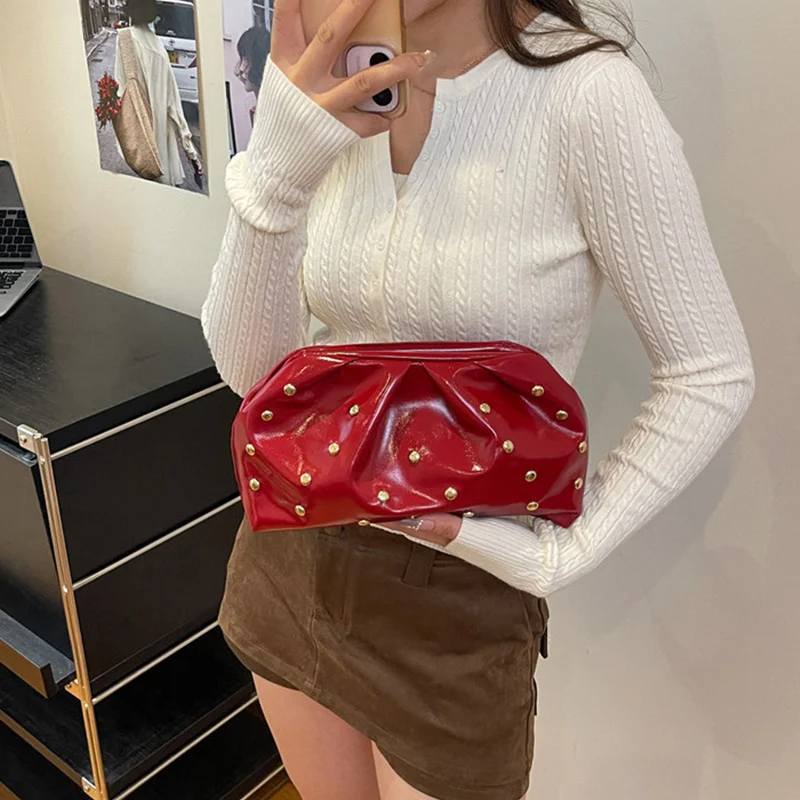 Simple Versatile Evening Handbags for Women Solid Color Rivet Pleated Design Ladies Clutch Female Soft Pu Leather Purse