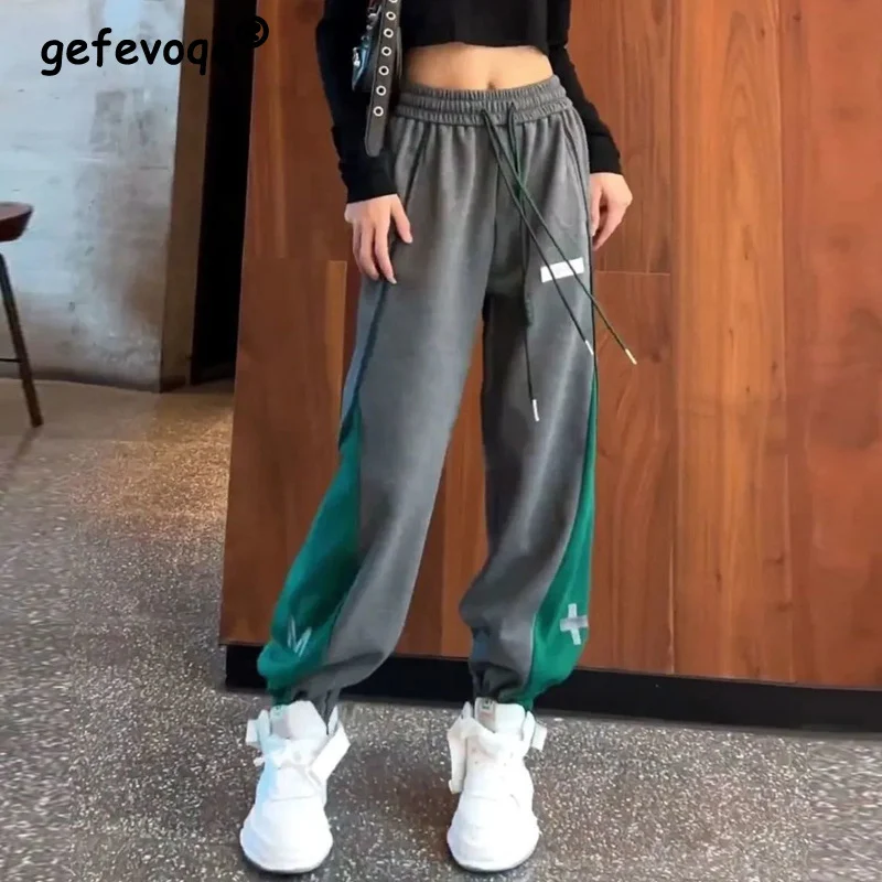 Contrast Color Casual Drawstring Pockets Sports Jogger Streetwear Baggy Pants Women Fashion Loose High Waist Trousers Sweatpants