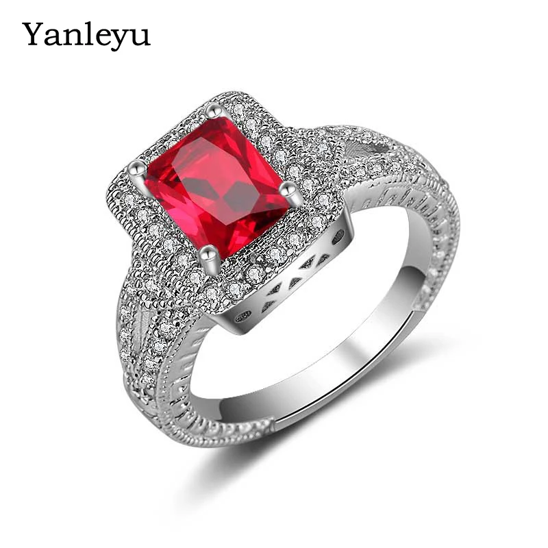 

Yanleyu Luxury Real Tibetan Silver Rings for Women Wedding Engagement Accessories Red Cubic Zirconia Jewelry Gift PR222