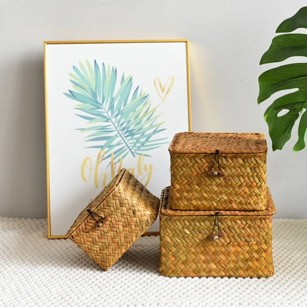 Rattan Weaving Wicker Shelf Baskets New Lid Rectangular Bin Handwoven Home Organizer Bedroom 3
