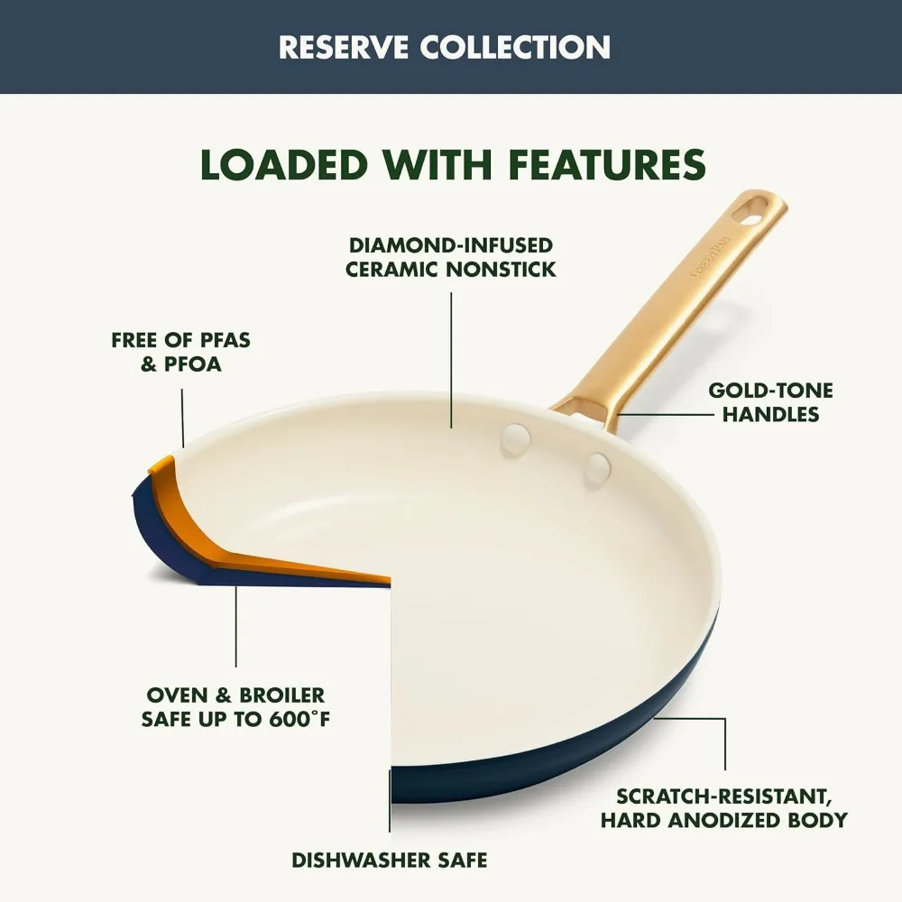 Reserve Hard Anodized Healthy Ceramic Nonstick 10 Piece Cookware Pots and Pans Set, Gold Handle, PFAS-Free, Dishwasher Safe
