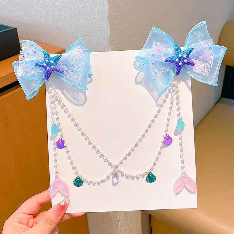 Baby Girls Cute Mermaid Princess Pearl Tassel Bow Forehead Chain Hair Clip