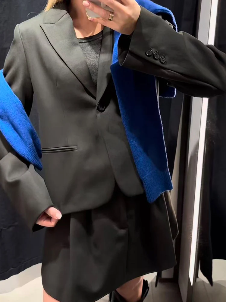 Women Fashion A-line Skirt 2 Piece Sets Solid Single Button Pockets Slim Simple Blazer Coat Zipper Mini Skirts Female Outfits