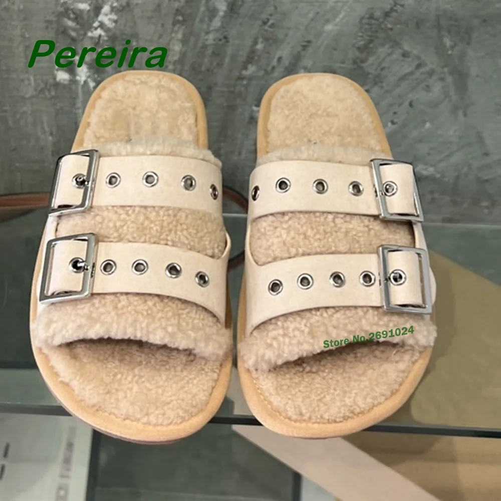 

Curly Sheepskin Upper Plush Slippers Buckle Strap Soft-Soled Comfortable Home Cotton-Mop Outside Winter Casual Shoes Luxury Flat