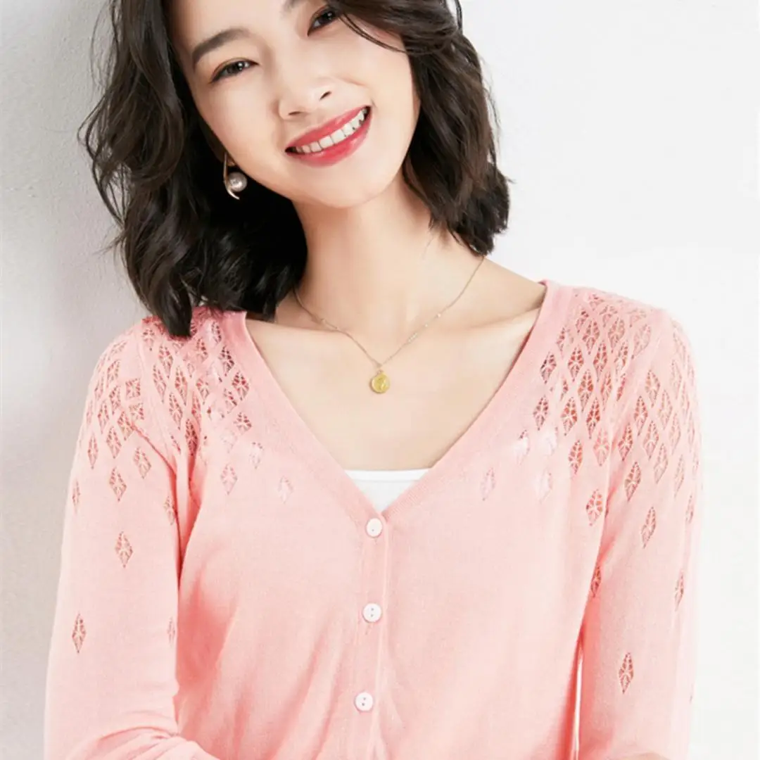 Pink Love Summer Cardigans For Women Half Short Long Sleeves Thin Knitwears  Tops Sweater Jacket Ice Silk Korean Fashion Blouse