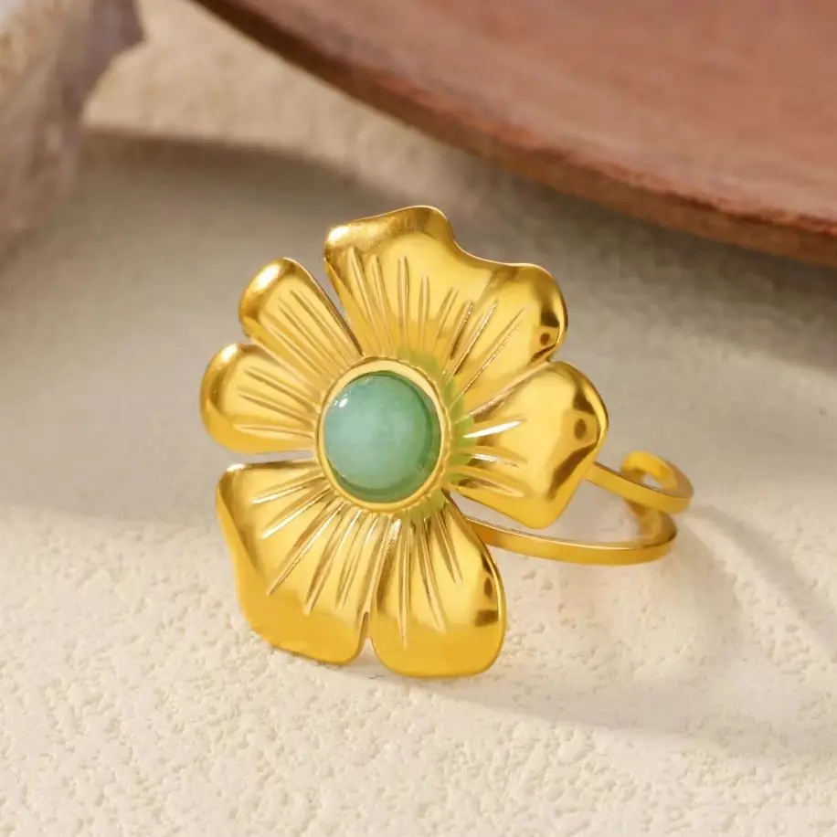 Elegant Natural Stone Flower Rings Gold Color Stainless Steel Geometric Opening