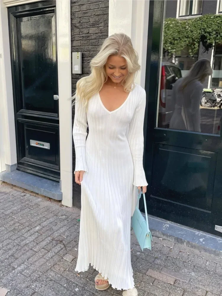 

Женское трикотажное платье средней длины, однотонное элегантное платье в рубчик с V-образным вырезом и длинным рукавом, платье на шнуровке, осень 2023, Женская шикарная уличная одежда, Халат