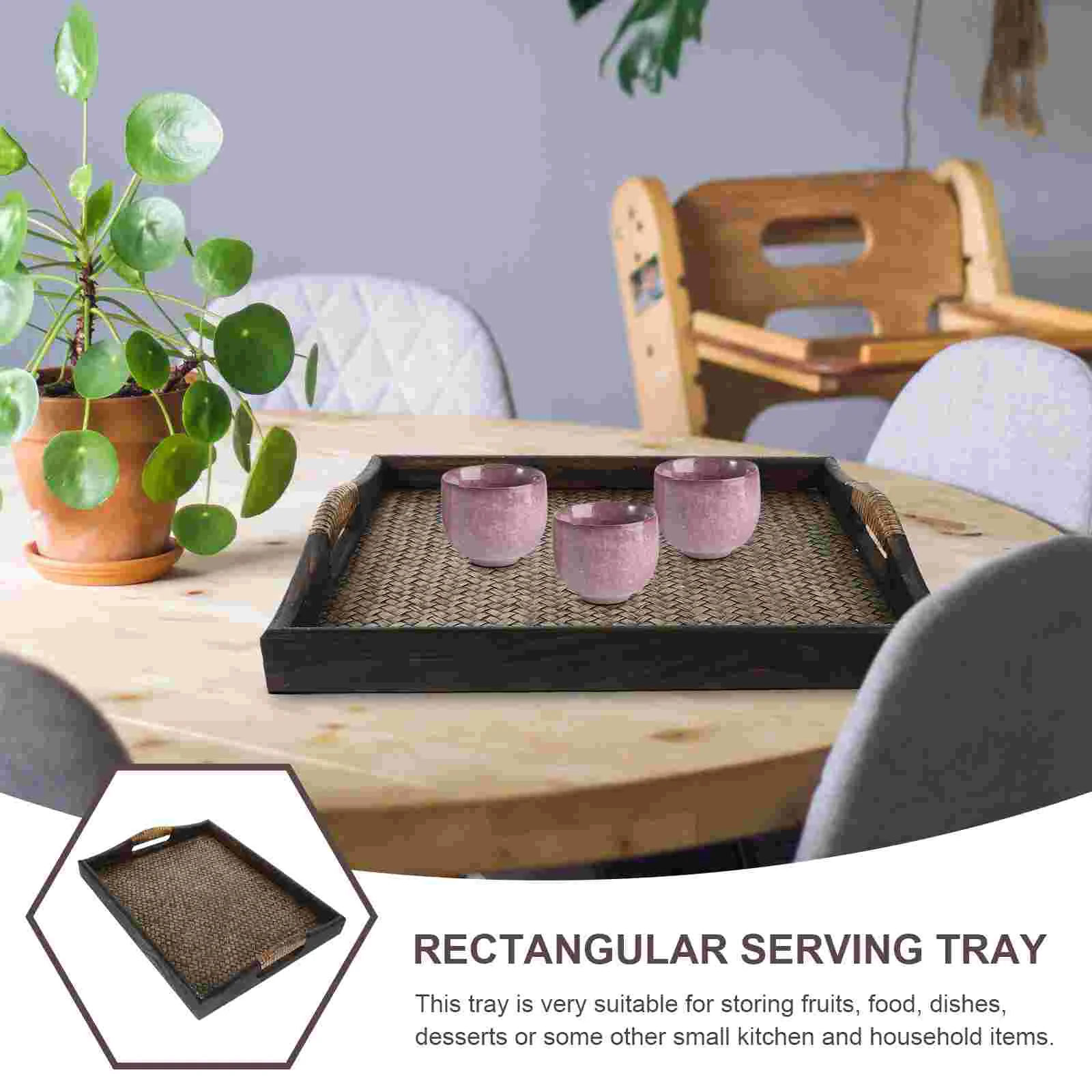Wooden Woven Tray Rectangular Serving Plate Wood Tray Fruit Snack Tea Cup Holder Household Platter Nuts Dessert Kitchen Dining