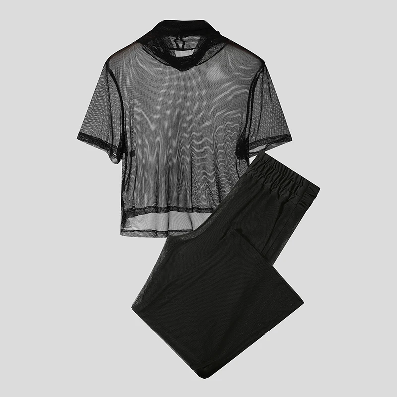 INCERUN Men Sets Mesh See Through Sexy Turtleneck Short Sleeve T Shirt & Pants 2PCS Streetwear Summer 2025 Fashion Men's Suits
