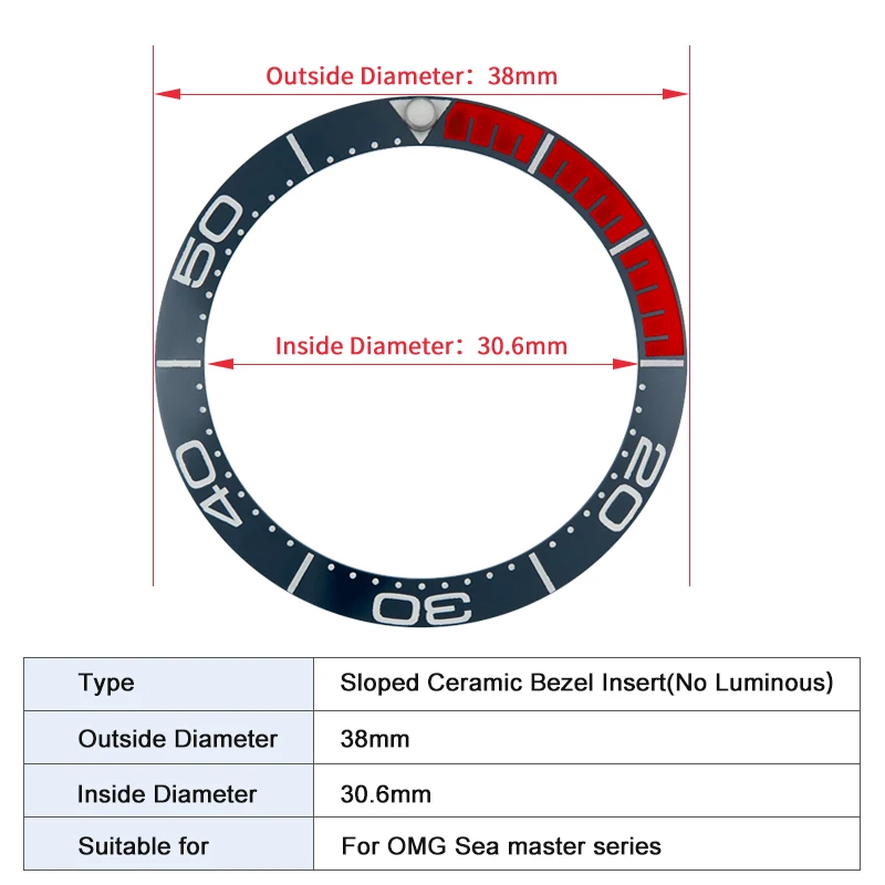 Sloped Ceramic Bezel Insert 38*30.6mm Luminous Pip At 12 For OMG Sea Master Series Mod Watch Parts
