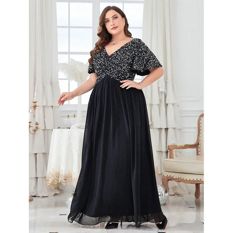 Women's Plus Size Double V-Neck Chiffon Evening Dress - Floor Length Party Gown, Black - View #12