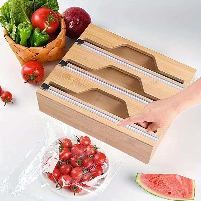3 in 1 Wrap Organizer With Cutter For ALuminum Foil Wax Paper And Cling Wrap Plastic Organizer Dispenser With Cutter