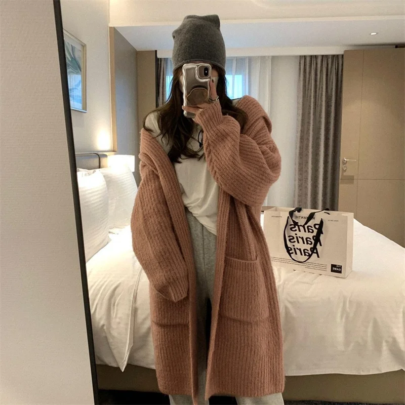 

Korean Version Of Simple Hooded Long Cardigan Loose Fashion Sweater Coat Women's 2024 Autumn And Winter New Loose Padded Sweater