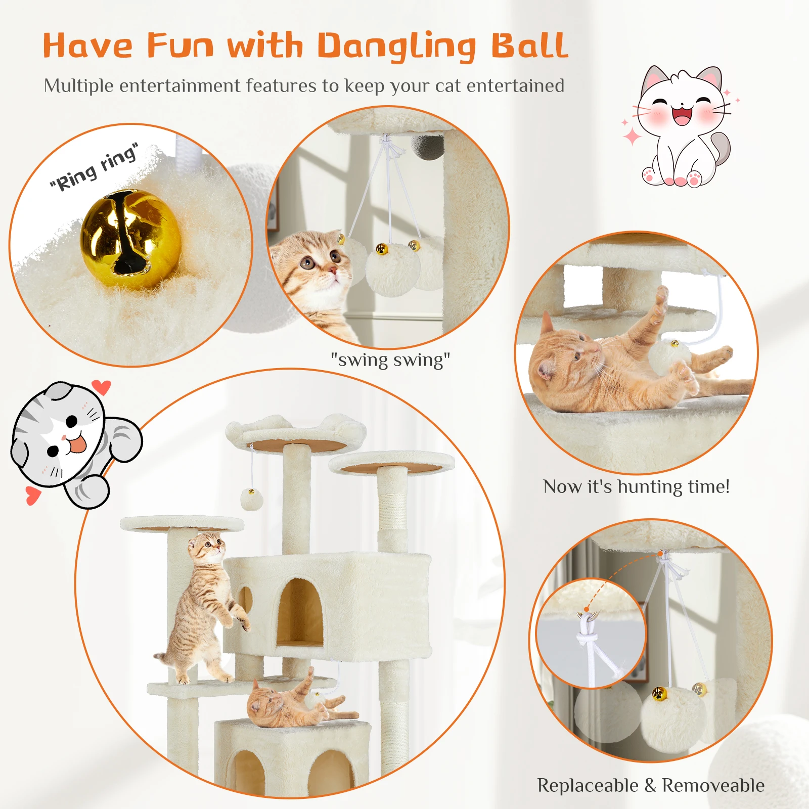 Árvore Para Gatos Taoqimiao 196cm - 2 Casinhas, 8 Arranhadores Cinza