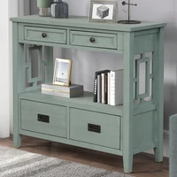Farmhouse Pine Wood Console Table with 4 Drawers & 1 Storage Shelf - Retro Blue 1