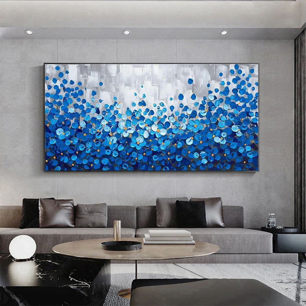 

Handmade Abstract Blossom Textured Blue Gray Cherry Floral Oil Painting on Canvas for Living Room home decoration Wall Art Decor