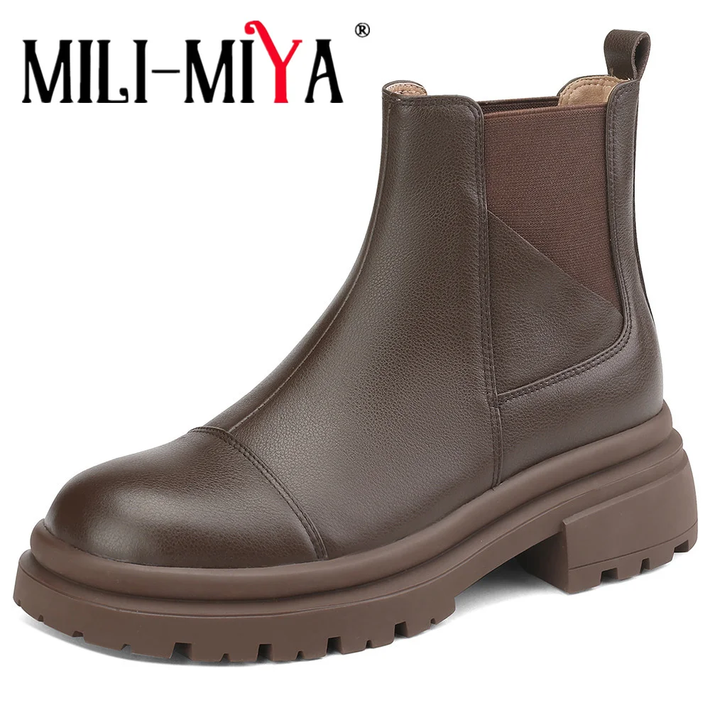 

MILI-MIYA Concise Solid Color Splicing Women Cow Leather Ankle Boots Round Toe Thick Heels Slip On Casual Street Shoes Handmade