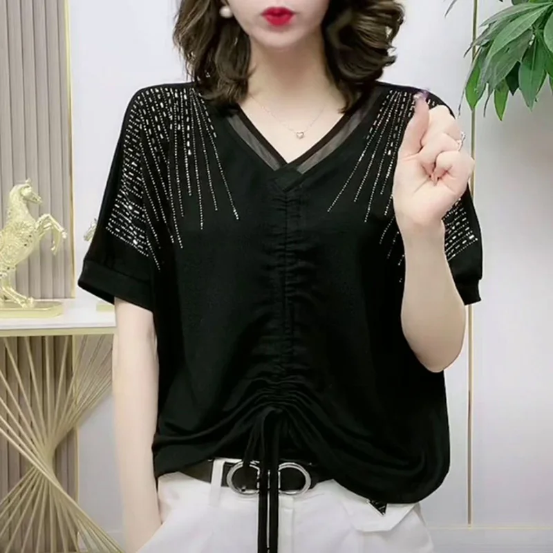 세련된 V넥 스플라이싱 레이스 업 보우 셔링 다이아몬드 블라우스, 여성 의류, 2023 여름 캐주얼 풀오버, 오피스 레이디 셔츠, 신제품