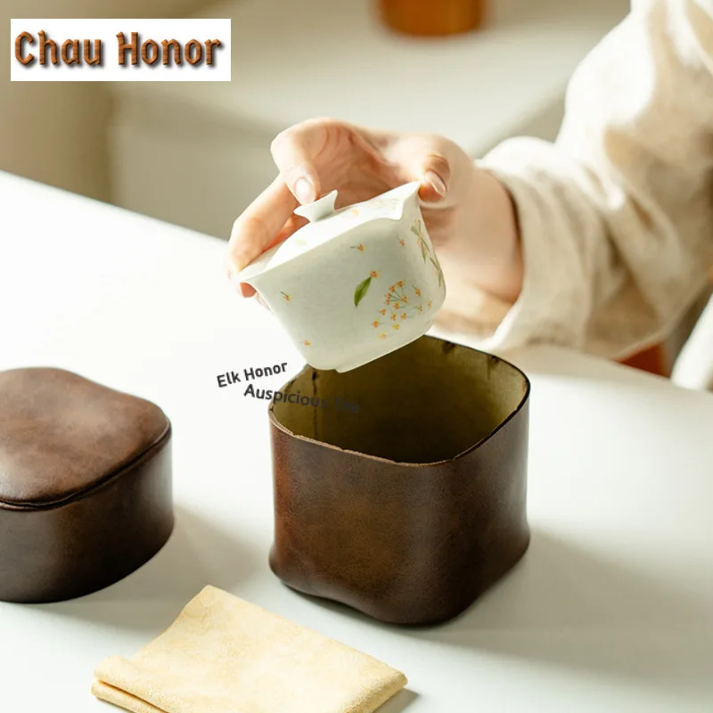 Hand-painted Osmanthus Flowers Travel Tea Set Kit Antique 1 Pot 2 Cups Tea Brewing Organizer Portable Picnic Tote Bag Decoration