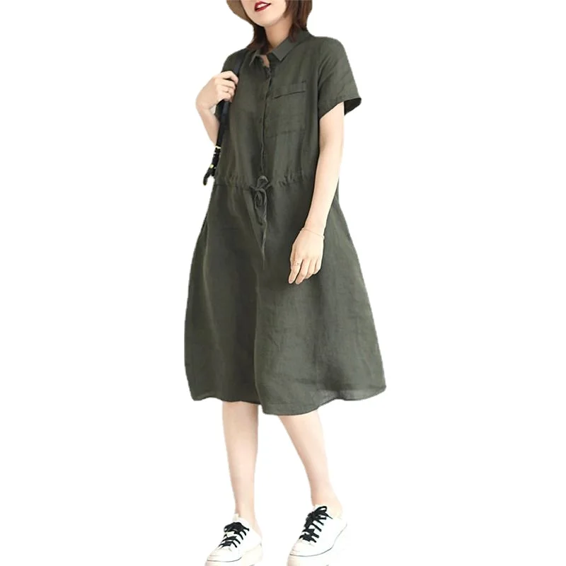 

Solid Color Cotton Linen Drawstring Dress Summer
