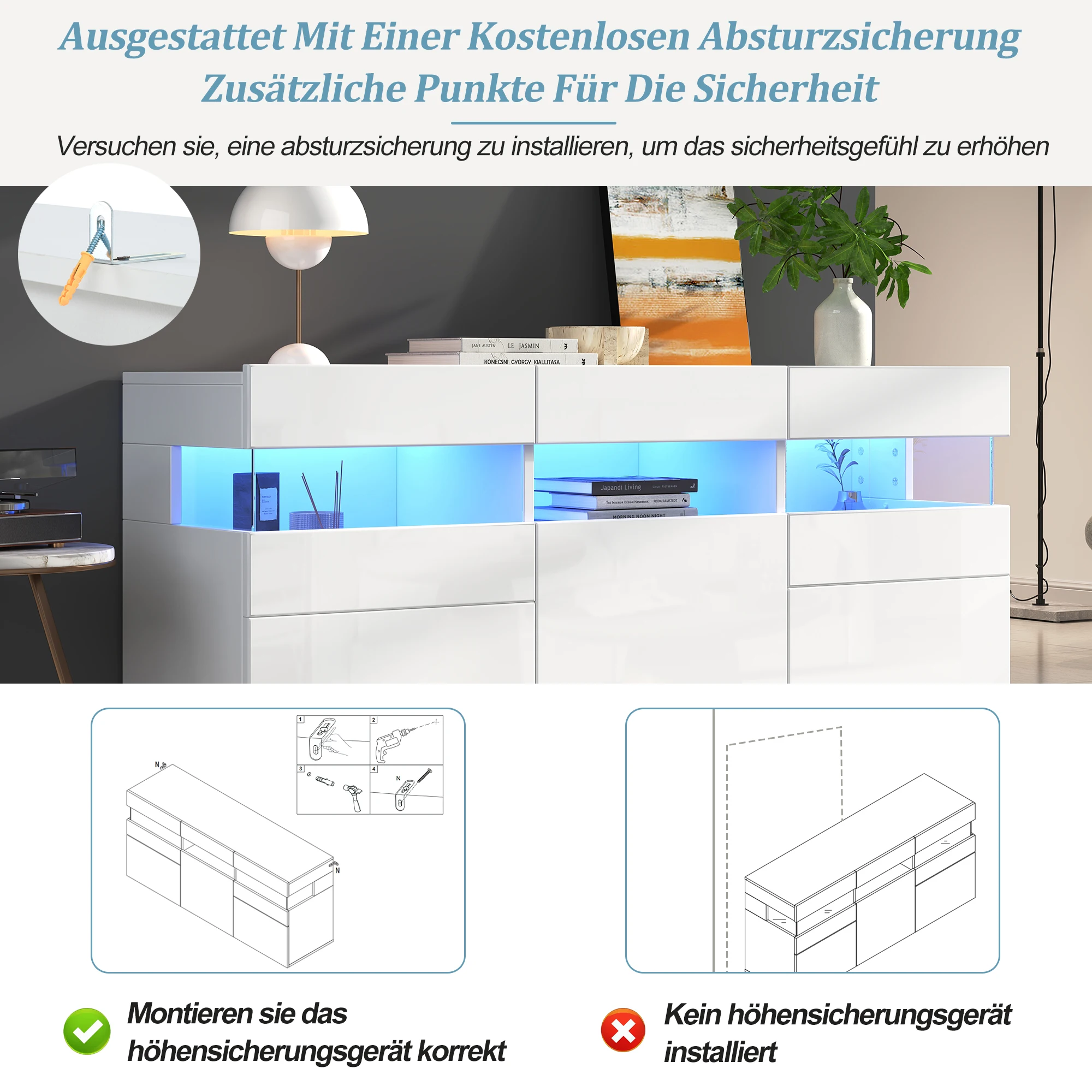 140 * 40,5 * 66,5 cm Wohnzimmer-Sideboard, Schrank mit 3 Türen, Hochglanz-Wohnzimmer-Kleiderschrank mit LED-Lichtleiste, transparent – Detail 16