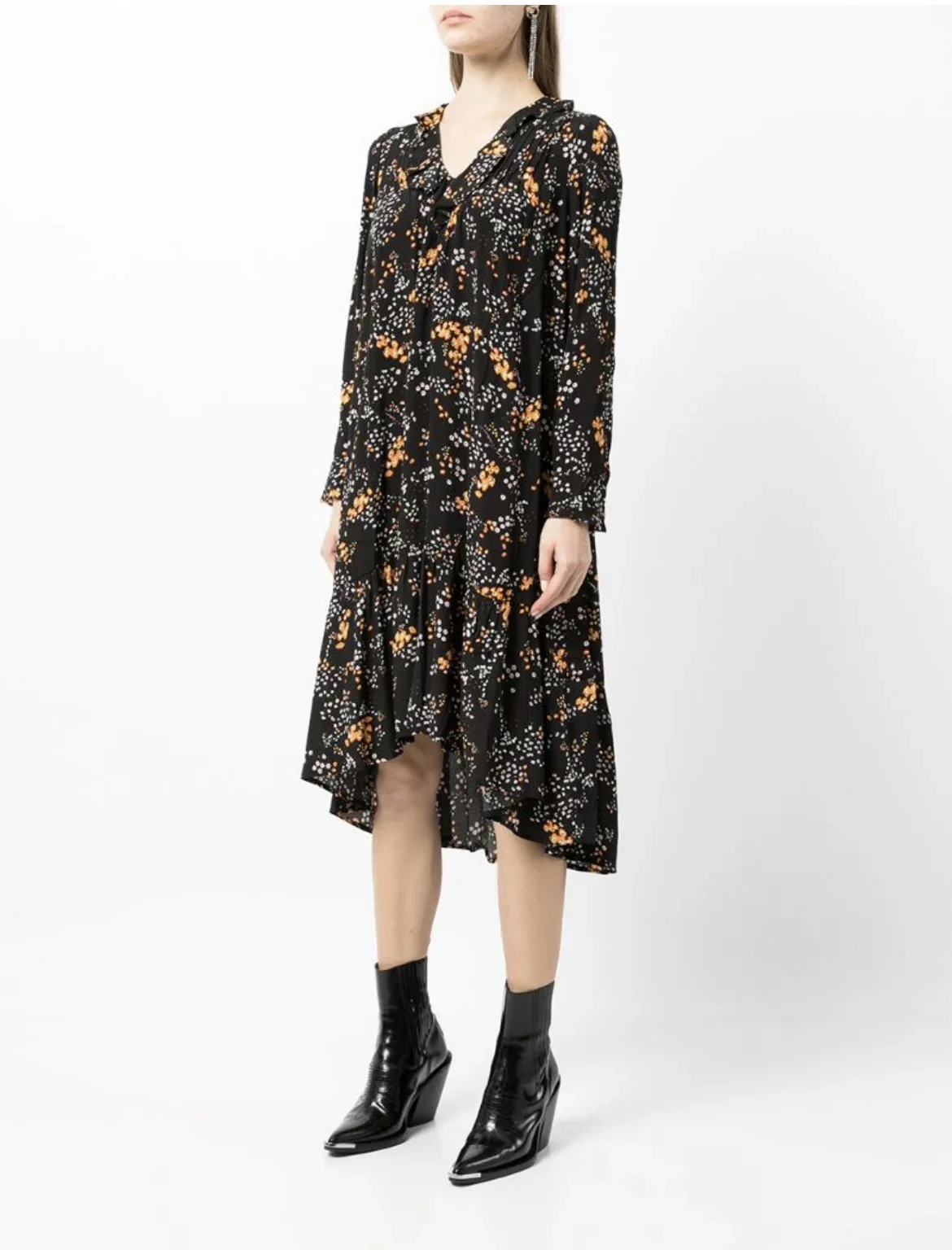 1210554 Black Patterned V-Neck Dress main image 1