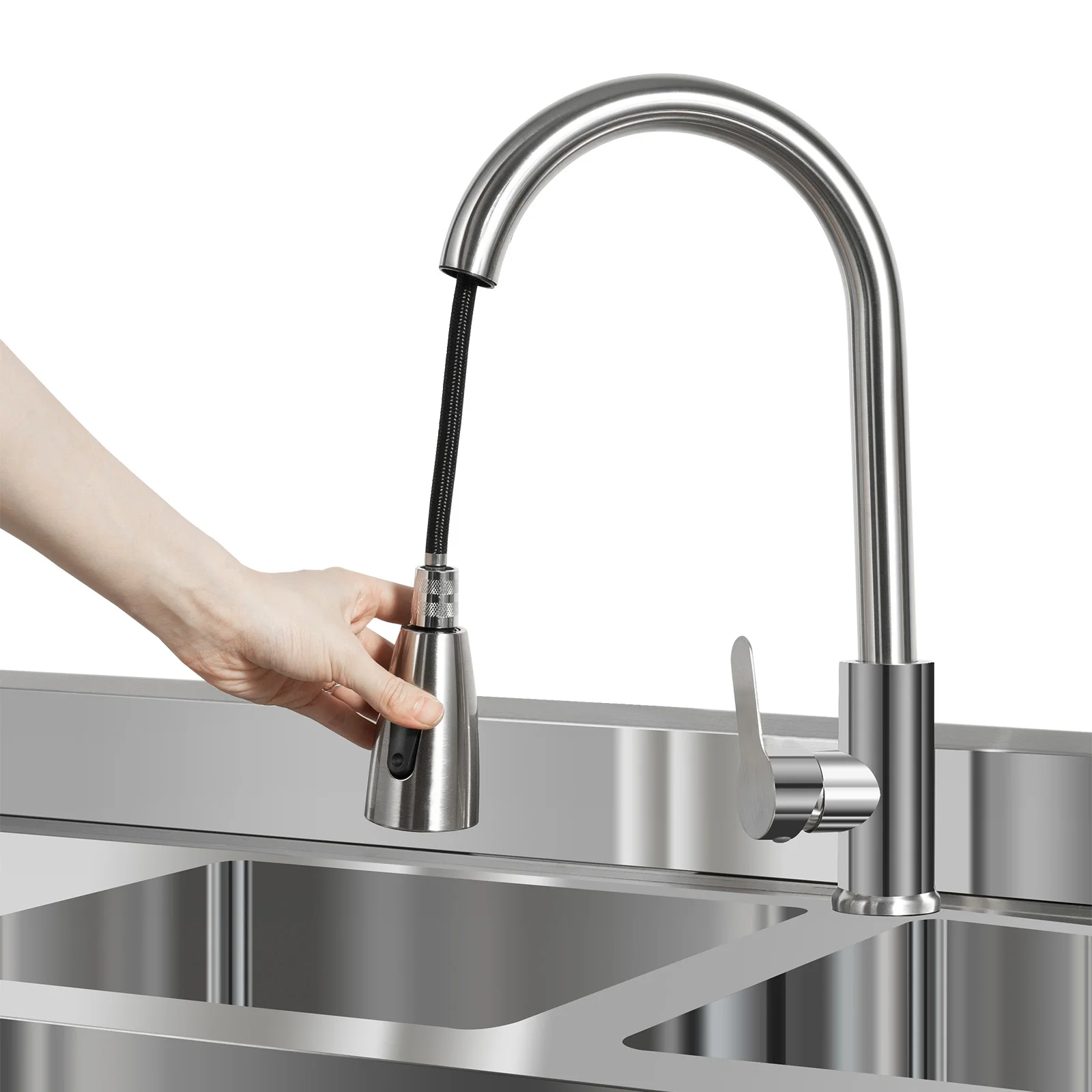 Commercial stainless steel Rectangle double groove kitchen sink with hot and cold faucets 3 Tiers Maximum Loading 400kg/882lbs 4