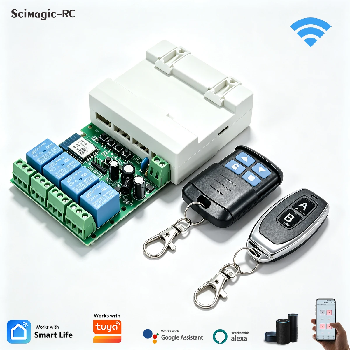 4-Channel WiFi Smart Relay Switch Module, Wireless Control, Multi-Voltage 2200W, RF433 Receiver, Tuya Alexa Compatible