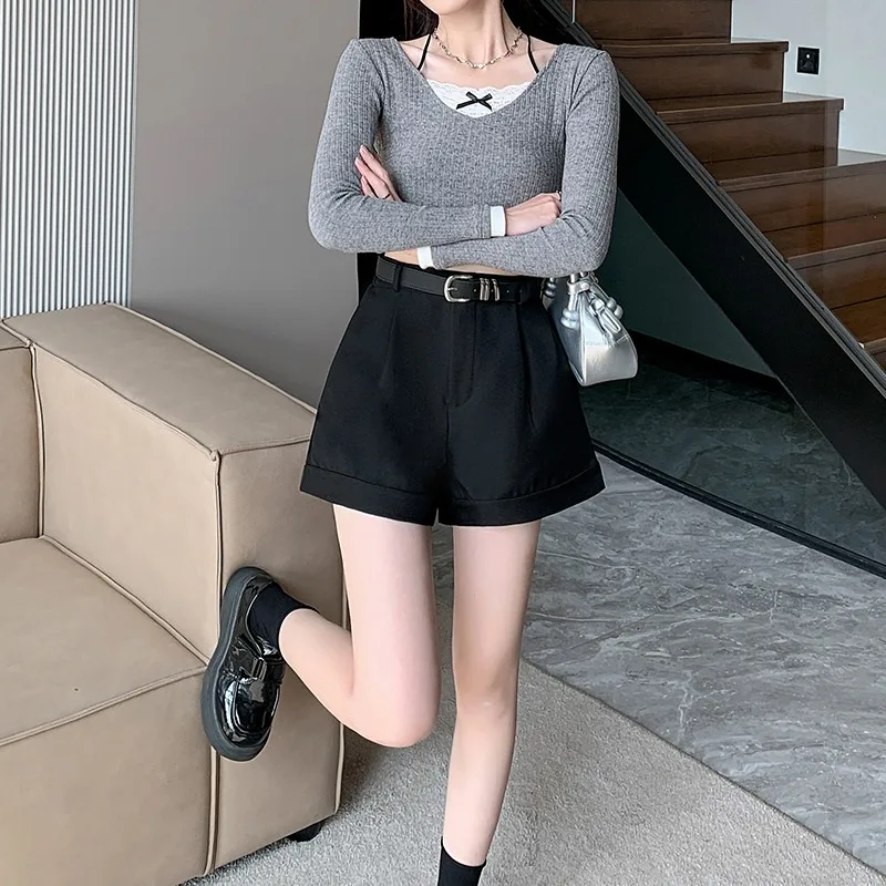 2024 Spring New Shorts Women Koean Style Office Lady High-waisted A-line Loose Wide-leg Solid Color Versatile Short Pants Female
