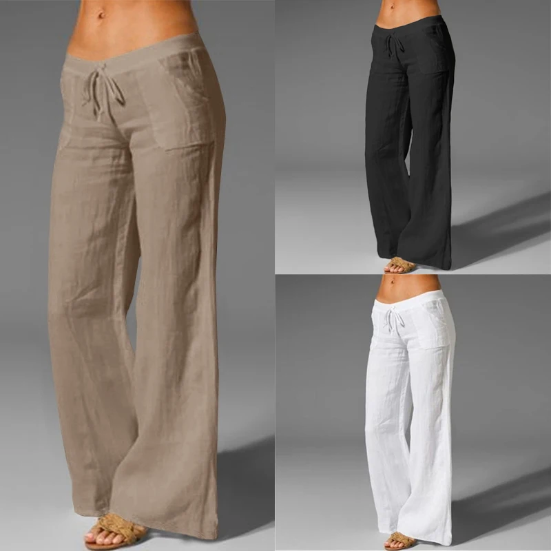 

Women Casual Pants Plus Size Wide Leg Trousers Elastic Waist Cotton Flared Yoga Culottes