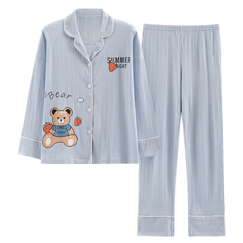 

New Autumn Cartoon Sleepwear 2 Piece Sets For Women's Cotton Pajamas Turn-down Collar Homewear Big Yards Pijama Pyjamas 4XL 5XL