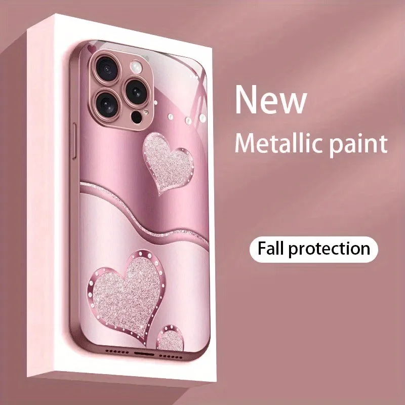 Adorable Love Heart Pattern Tempered Glass Phone Case