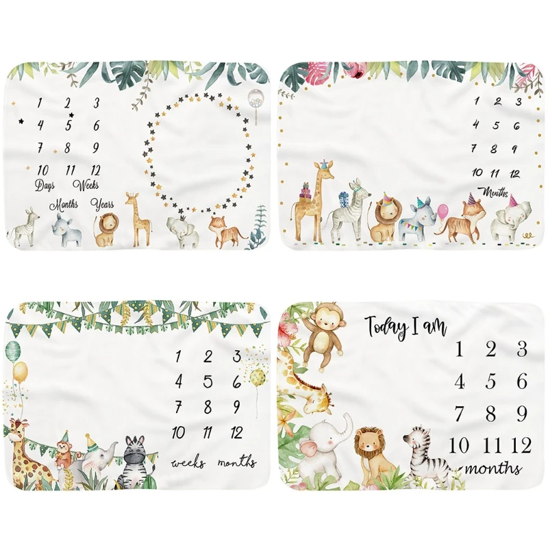 H3CD Baby Monthly Record Growth Milestone Blanket Newborn Soft Flannel Cartoon Animal Printed Swaddle Wrap Photography Props