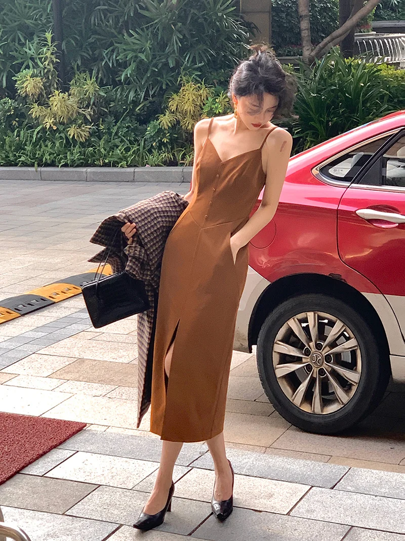 

V-neck Sling Split Dress Autumn/Winter Slim Fit Leather Skirt Spring Wrap Bottom Skirt