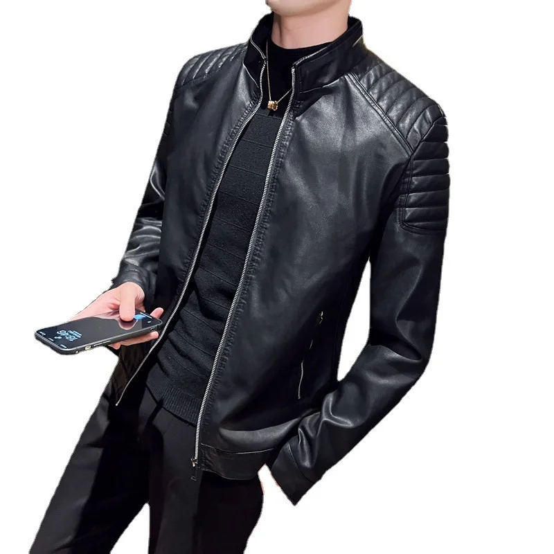 Motorcycle Leather Jacket Men Autumn and Winter Version Trendy Slim Fit Ruffian and Handsome Standing Collar Leather Jacket