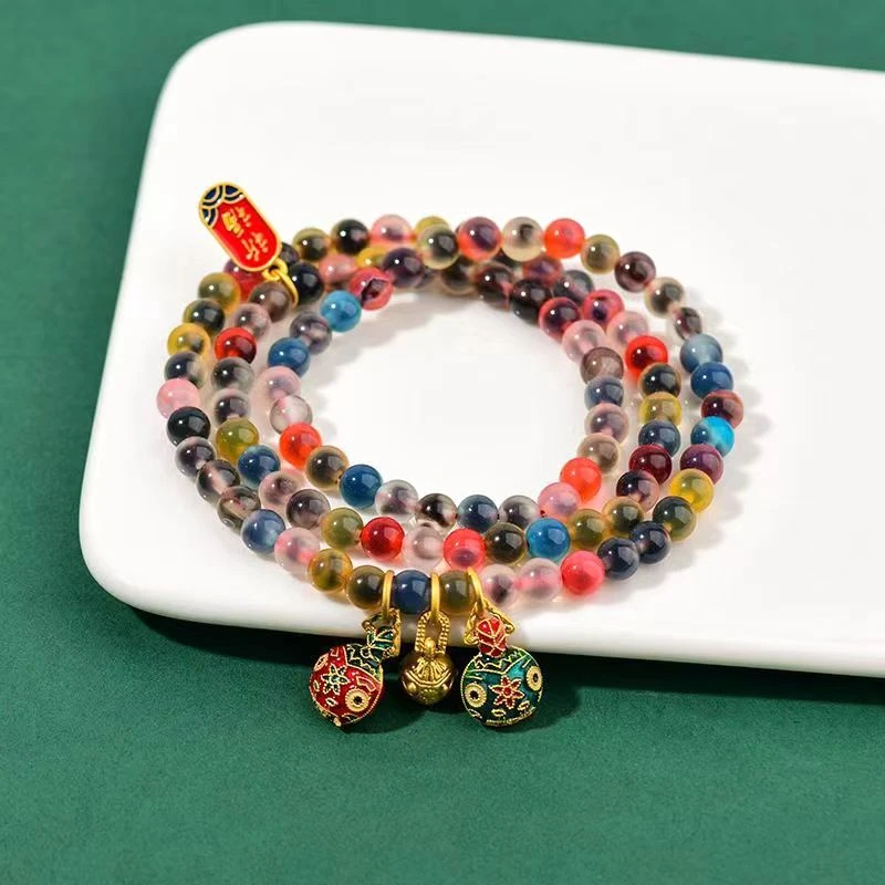 

UMQ Fragrant Grey Glaze Bracelet Half Sugar Color Multi-Treasure Sugar Heart Agate Gold Swallowing Beast 3 Circles HandString