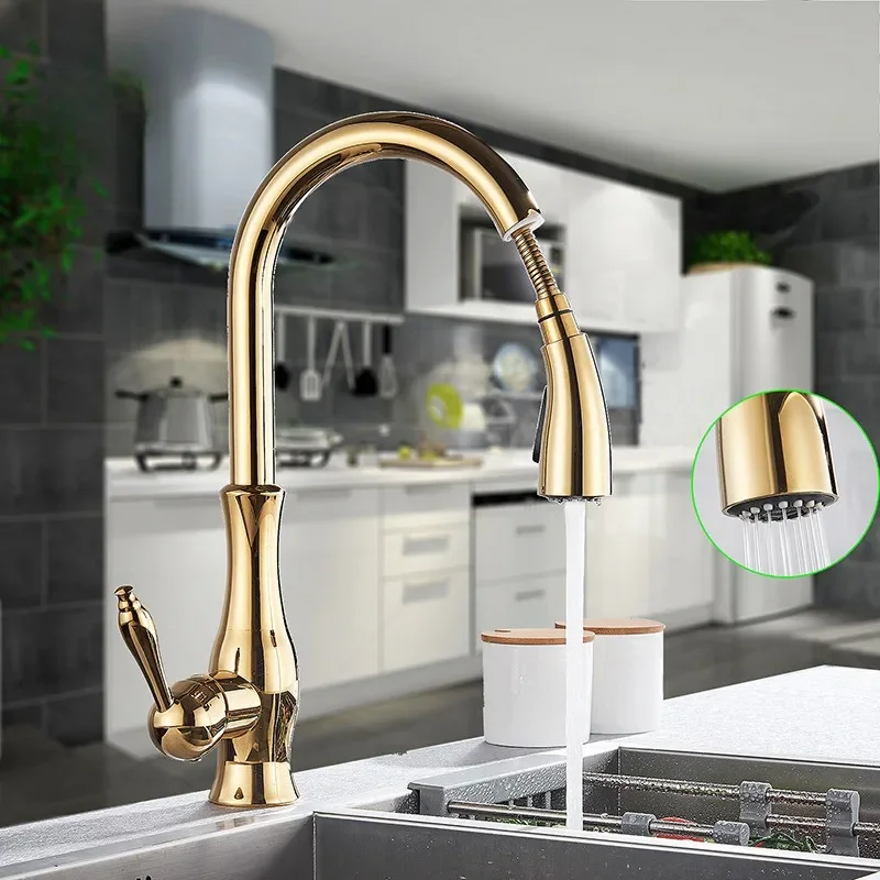 

Golden Black Pull Out Kitchen Sink Faucet 360 Rotation Deck Mounted Two Outlet Water Modes Cold Hot Mixer Tap