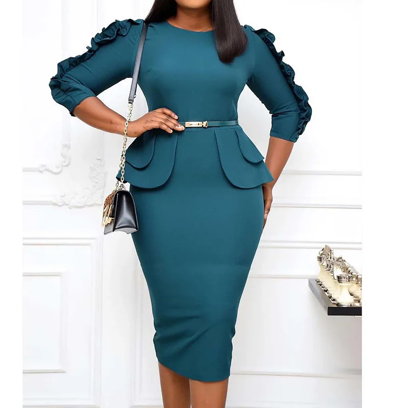 Ruffles Women Solid Color Midi Pencil Skirt Commute Round Neck Back Zipper Design Three Quarter Sleeve Bag Hip Plus Size Dresses