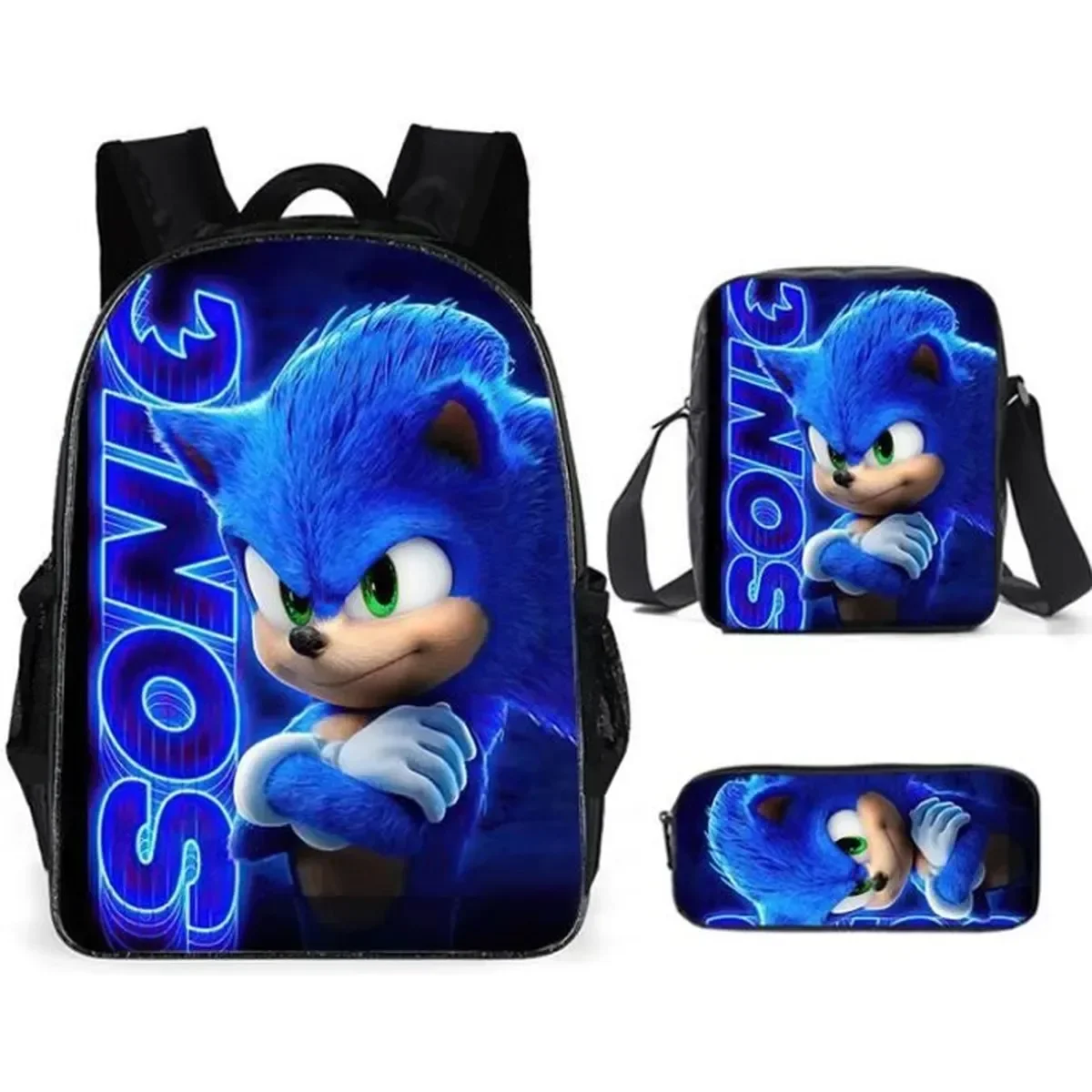 

3PCS Sonic Backpack Messenger Bag Pencil Bag Students Bag Boys and Girls Anime Cartoon School Bag Birthday Children's Gift