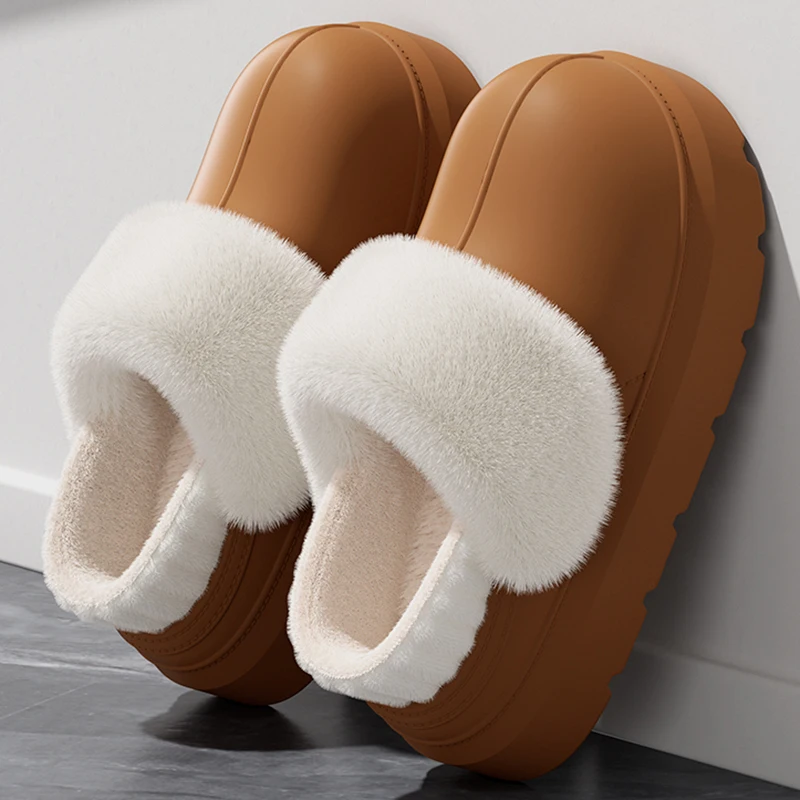 Outdoor Waterproof Cotton Slippers Women Thick Bottom Non Slip Fluffy Home Slippers Woman Comfortable Warm Thicken Plush Slides