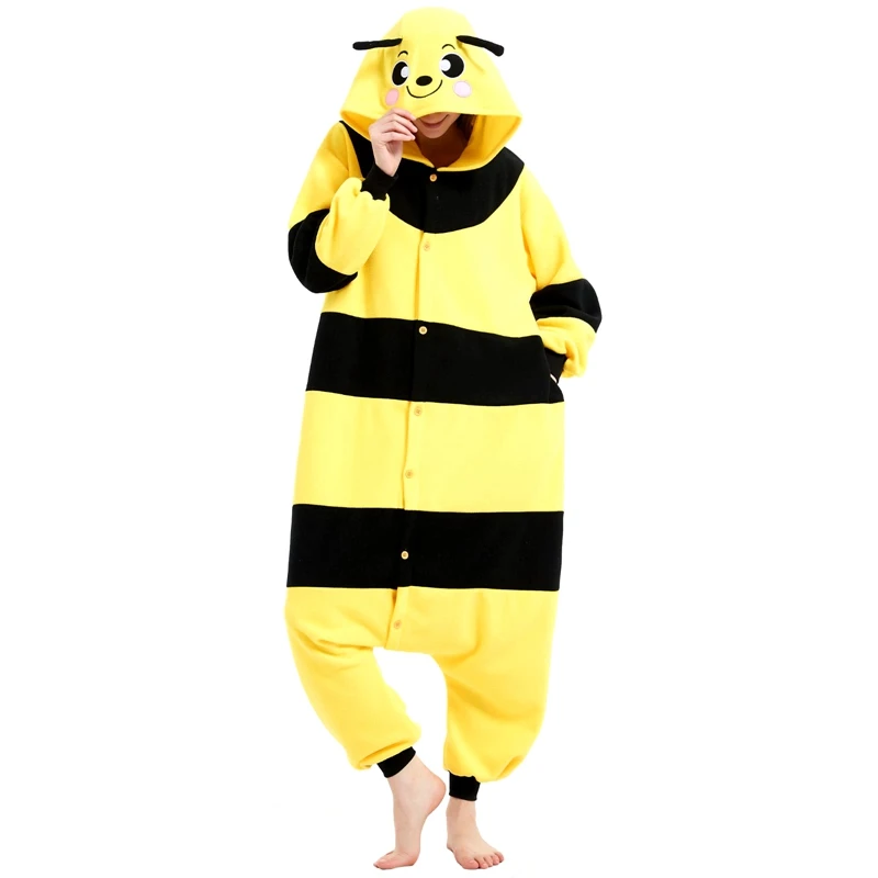 

Women Men Animal Bee Costume Jumpsuit Long Sleeve Plush Pajamas Button Down Romper Cosplay Outfit