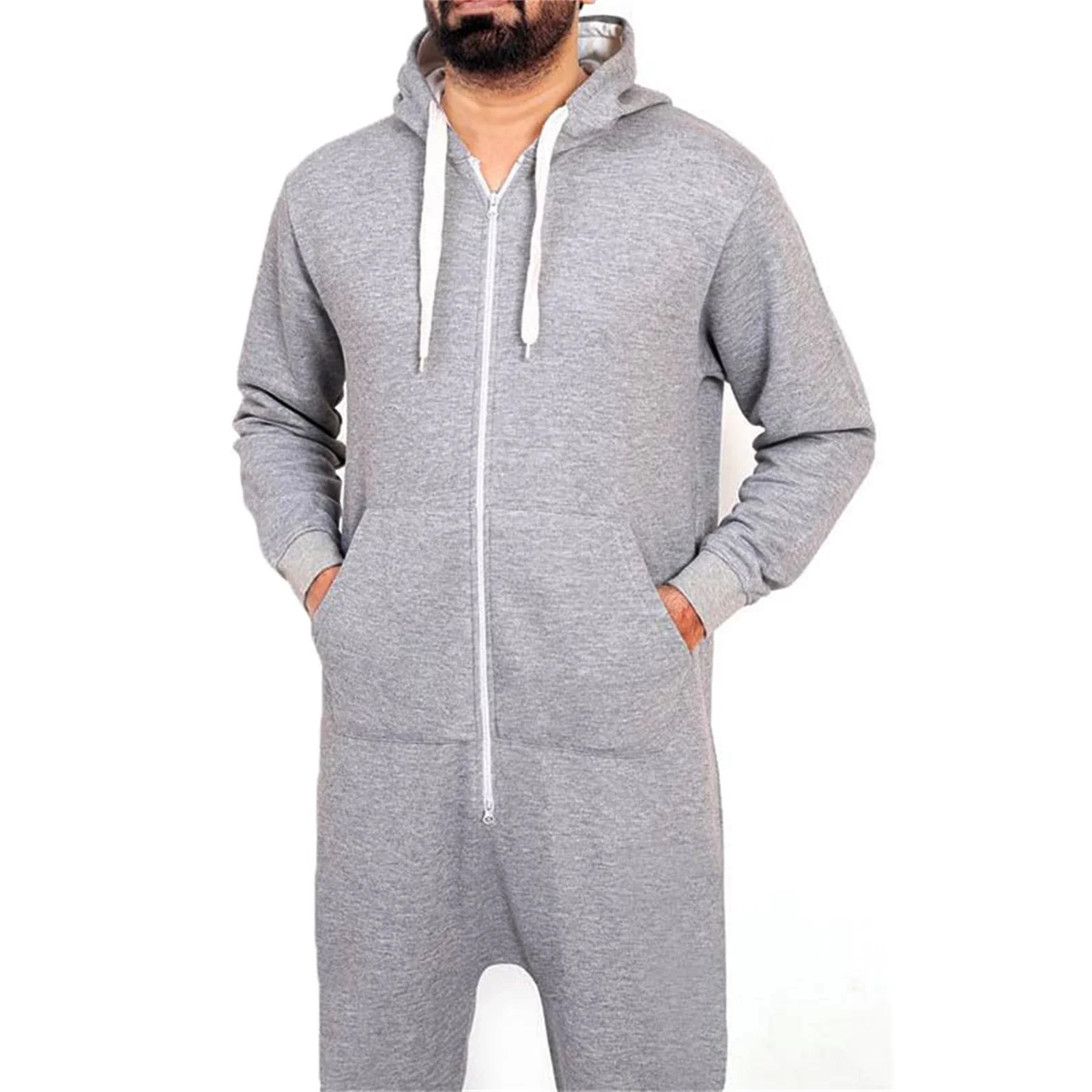 Men Hooded Jumpsuit Long Sleeve Zip-up Pajamas Sleepwear Loungewear with Pockets